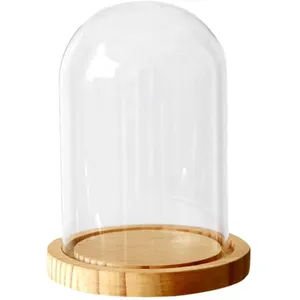 批发装饰桌面透明钟形玻璃圆顶钟形木质底座家居装饰环保