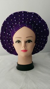 Nouveau turban africain Aso Oke avec perles et diamants pour femme adulte, idéal pour les fêtes, en tulle et dentelle française. Dentelle en filet - Product Image 2