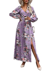<span class=keywords><strong>Robe</strong></span> d'automne imprimée à manches longues et col en V pour femme - Product Image 5