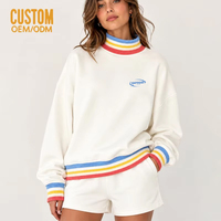 Ensemble décontracté 2 pièces pour femme : Sweat-shirt oversize en molleton French Terry côtelé rayé à col montant style universitaire et short brodé