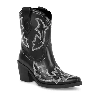WETKISS Factory OEM Bestickte Cowgirl-Stiefel mit dickem Absatz Slip on Black White Western Boots Cowboy-Stiefeletten für Damen