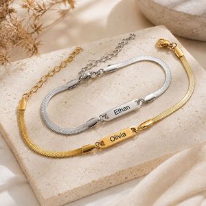 Stainless Steel Flat Snake Chain Bracelet <b>Custom</b> Engraved Rectangle Heart Star <b>Name</b> Plate Couple DIY Personalized <b>Name</b> Bangle - Product Image 5