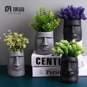 Top Rhyme Stone Face Vases Resin Planters For Indoor Desk Decor Modern Abstract Flower Pots With Green Plants And Dried Flowers - Product Image 1