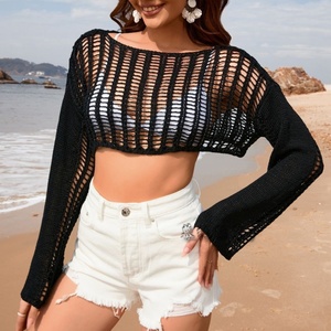Personnalisé tricoté Crochet <span class=keywords><strong>pull</strong></span> femmes maille évider <span class=keywords><strong>manches</strong></span> <span class=keywords><strong>évasées</strong></span> tricot à <span class=keywords><strong>manches</strong></span> longues solide Crop hauts Sexy Bikini plage couvrir - Product Image 4