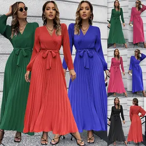 Amerikaanse Kleding Effen Bohemia V-Hals Lange Mouw Geplooide A-Lijn Maxi Lady Casual Jurken Winter Kleding Voor Vrouwen 2024