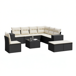 Ensemble de canapés de patio à pieds réglables, 8 places, en rotin, mobilier de jardin, style contemporain, noir - Product Image 1