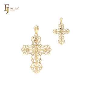 Joias de Moda FJ Fallon, Crucifixo Ortodoxo Russo Texturizado em Filigrana, Pingente Banhado a Ouro 14K com Base de Latão - Product Image 2