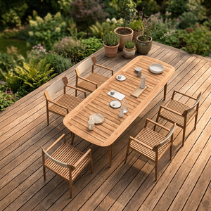 Natural Honey Teak Wood Dining <b>Set</b> Modern Slatted Patio Table with Armchairs - Product Image 2