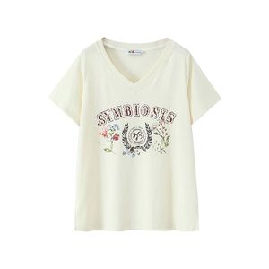 T-shirt décontracté tricoté à col en V et manches courtes pour femme Happy Plus N9255, grande taille, motif lettres imprimées, couleur abricot américain - Product Image 5
