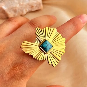 Bague en pierre naturelle à bordure en feuille de lotus, design géométrique ouvert, bijoux unisexes, cadeau - Product Image 3