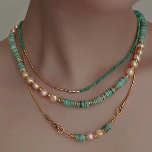 High-End <b>Titanium</b> Steel Pearl Necklace with Turquoise 18K Gold Plated Ins Style Stainless Steel Beads <b>Chain</b> for Collarbone - Product Image 2