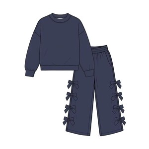Tenue 2 pièces pour petites filles, haut à col ras du cou, pantalon à jambes larges avec décoration en nœud, vêtements décontractés - Product Image 2