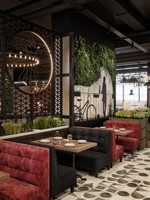 Diseño de Interiores para Restaurantes y Bares Industriales con Muebles Comerciales Personalizados de Metal Negro, Asientos Tipo Cabina y Equipamiento Llave en Mano