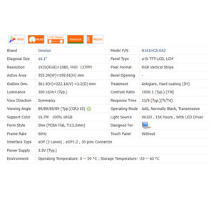 1000:1 N161HCA-EA2/3/4/C 16.1 inç Dokunmatik Olmayan 16:9 Dizüstü Bilgisayar LCD Ekran Modülü 1920*1080 WLED EDP 30 Pin 100% SRGB 300 Cd/<span class=keywords><strong>m</strong></span>² - Product Image 6
