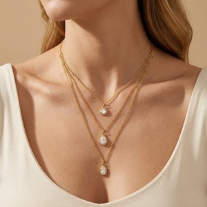 Kalung Wanita Anti Air Anti Luntur Berlapis Emas dengan Tiga Liontin Bentuk Tetesan Air Mata, Oval, dan Bulat dari Zirkonia Kubik - Product Image 2