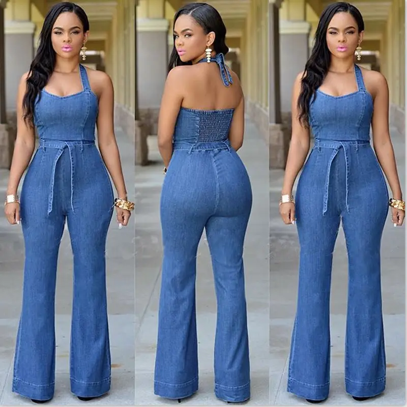 New Sexy Fashion Jeans Ladies Fit Casual Jumpsuit With Belt Jumpsuit Women Wholesale Price