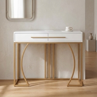 Table console contemporaine en MDF avec plateau en bois et étagère de rangement, finition métallique dorée, pour salon et appartement (vente en gros)