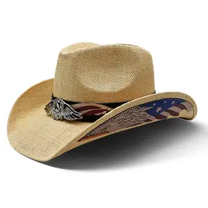 Sombrero Vaquero Pro Sommer Erwachsener Western-Jazz-Hut individueller LOGO Strohbreite amerikanische Flagge Papier Herren Cowboy-Jazz-Hut