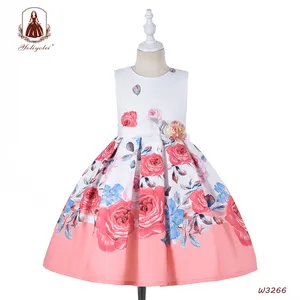 Children Clothing Big Flower Printing White Top Orange Pleated Skirt Flower Princess Girls Dress For Kids 5-9