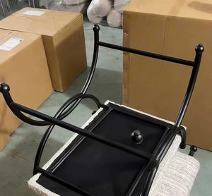 Taburete de entrada retro francés para cambiar zapatos, con asiento de metal y tapizado suave, pedal, taburete pequeño tipo sofá, taburete para vestidor - Product Image 4