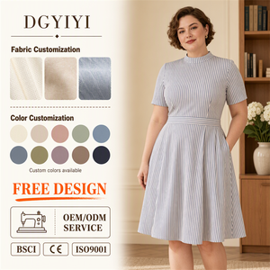Damenkleid 240GSM Blickdichtes Übergrößen-Kleid aus Baumwolle und Leinen mit Aufdruck, Ausgestellter Saum, Stehkragen, Kurze Ärmel, Knielang, Sommer, Individuelles Logo - Product Image 1
