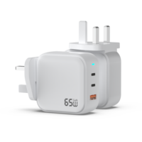 Chargeur rapide compatible 65W Gan double port USB-C PD 3.0 pour téléphones portables, ordinateurs portables, tablettes, appareils photo et montres connectées, adaptateur secteur UK