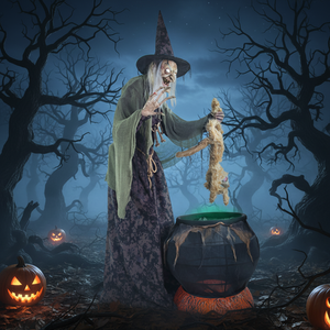 Decoración de Halloween para Casa Embrujada, Bar o Sala de <span class=keywords><strong>Escape</strong></span>, Gran Accesorio Eléctrico de Inducción de Gato Bruja Cocinando - Product Image 2