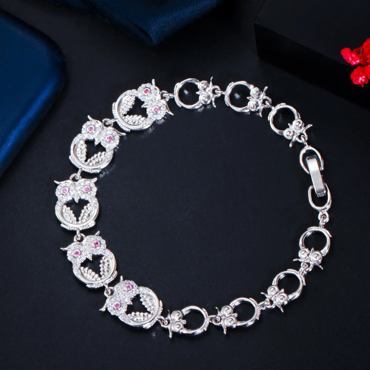 Dainty Silver Plated Cute Animal Owl Shaped White Red CZ Cubic Zirconia Charm Bracelets Bangles for Women Friends Jewelry Gift