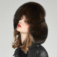 Orejeras de invierno Piel de zorro real Sombrero de soldado Hombres Mujeres Ushanka Trapper Sombrero de piel real Gorras de Bombardero