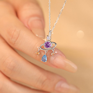 Collier Pendentif Planète Romantique en Argent Sterling S925, Incrusté de Pierres Précieuses Colorées, Luxe Léger, Accessoire Quotidien pour Femme, Chaîne de Clavicule, Cadeau - Product Image 2
