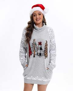 OEM/ODM personalizado mujer feo suéter vestido de gran tamaño Navidad Jumper manga larga cuello alto árbol de Navidad pulóver con bolsillo - Product Image 3