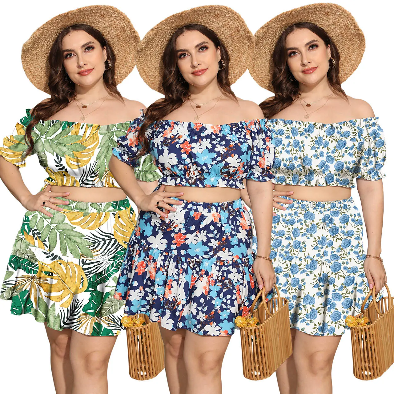 Shei New Arrival Women's Clothing Wholesale Plus Size Beach Vacation Off shoulder Two Piece Set Floral Print Sweet Casual Dress