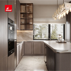 Armoires de cuisine Alland sophistiquées et modernes en teck foncé, peintes mat, style Shaker, avec comptoir en marbre - Product Image 1