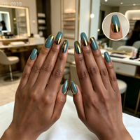 Faux Ongles à Presser Vert Teal Doré French Manucure Forme Amande Chrome Luxe Personnalisables Réutilisables Vente en Gros
