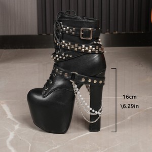 Classic Sexy Ladies Botines Mujer Talons Femmes 2025 Chunky Heel Platform 16CM Rivet Pearl Chain Heels Ankle <b>Boots</b> for Women - Product Image 5