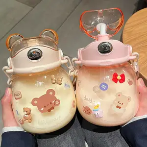 Cartoon bear diary big belly kettle large capacity bounce sippy tumbler handle strap children's kids plastic water bottle