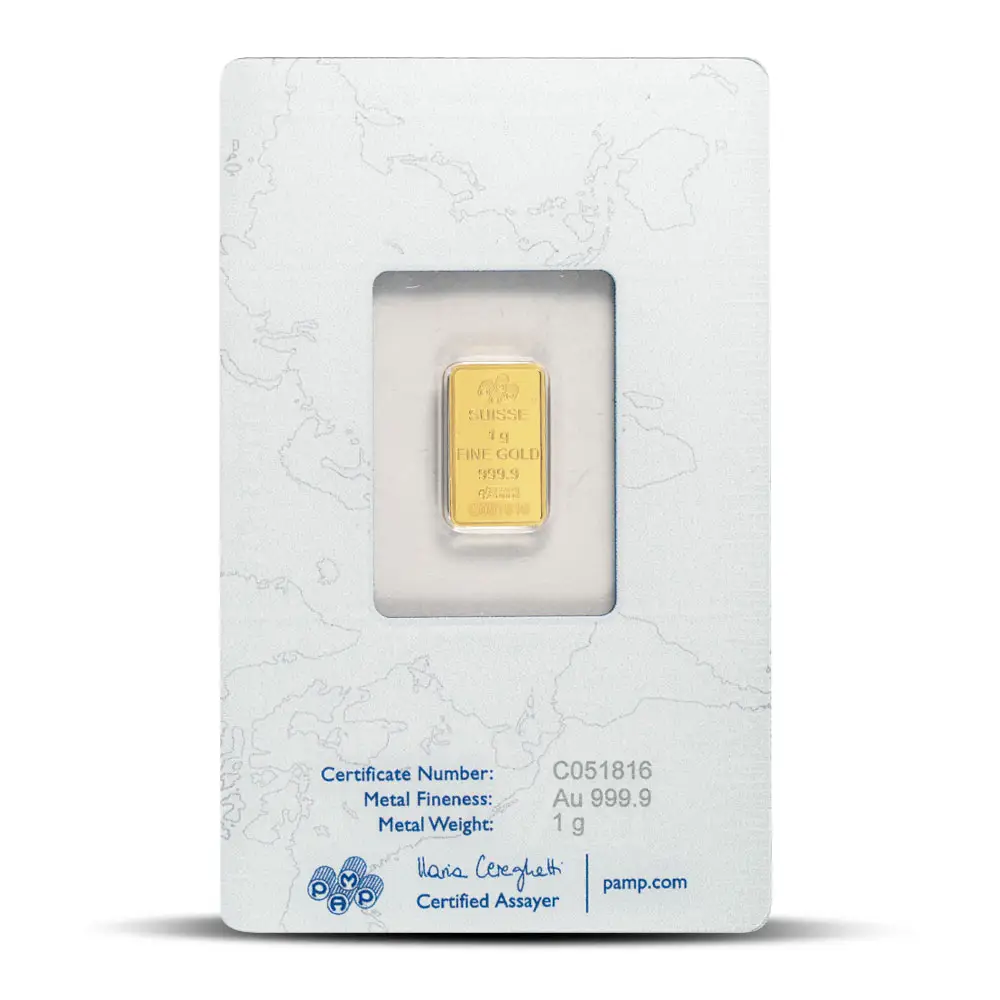 54x86mm 1 gramme PAMP Suisse Rosa lingot d'or plaque de pièce en plastique dans une carte d'emballage de barre d'or blister