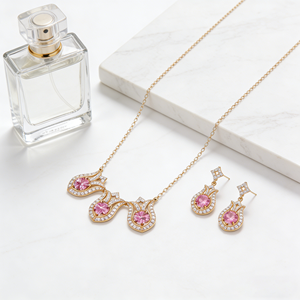 Parure Collier et Boucles d'Oreilles Couronne en Laiton Plaqué Or 18K avec Zircons Roses et Blancs de Qualité AAA pour Femme, Idéale pour Mariage, Fête et Fiançailles - Hengdian - Product Image 2