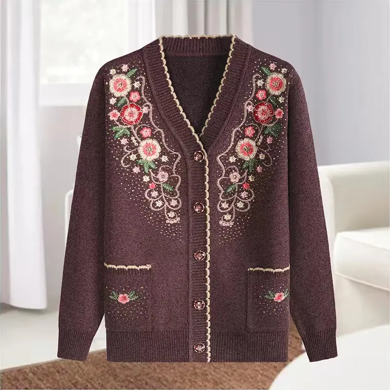 Huachao Hot apparel v neck knit women sweater embroidery Sequined cardigan long sleeves knit sweater of women