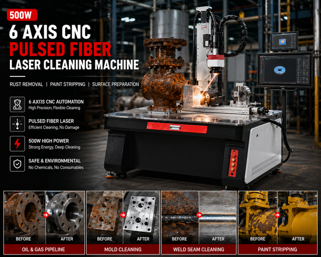 6 Axis CNC Pulsed Fiber Laser Cleaning Machine 500W Industrial Laser Cleaner for Rust Removal Paint Stripping Metal Surface