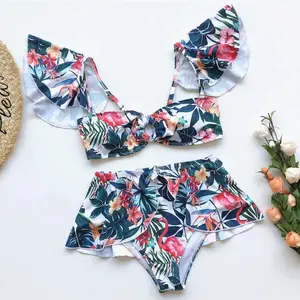 New Arrival 2023 Swimwear Factory Wholesale Halter Lace Up Ruffle Womens Swimsuits Custom Mini High Waist Thong 2 Piece Bikini