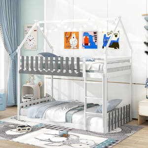 Litera doble Piso bajo Marco de cama de madera maciza para niños con <span class=keywords><strong>valla</strong></span> y <span class=keywords><strong>escalera</strong></span> para niños para la escuela Blanco - Product Image 2
