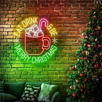 Panneau néon LED « Mangez, buvez et faites la joie de Noël », Lampe murale néon avec motifs de tasses de chocolat chaud et de cannes en sucre, Écran d'affichage électronique