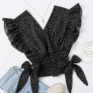 เสื้อชีฟองน่ารักสำหรับผู้หญิง ซัมเมอร์ 2025 แขนระบาย แต่งระบายชายเสื้อ ลายจุด คอวี เซ็กซี่ ผูกโบว์ ชายเสื้อจับจีบ - Product Image 1