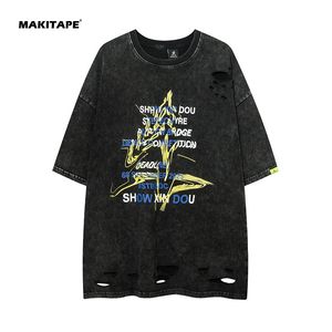 TK3320 Streetwear Cut and Sew T-<b>shirt</b> Vintage Graphic Wholesale Cheap Acid Stone Wash Graffiti Broken T <b>Shirts</b> for <b>Men</b> - Product Image 6