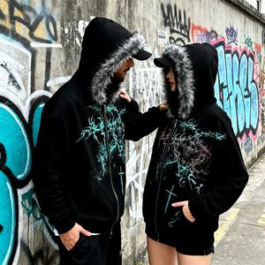 เสื้อฮู้ดดี้โอเวอร์ไซส์ทรงบ็อกซี่สำหรับผู้ชาย สไตล์วินเทอร์สตรีทแวร์ พร้อมลายปักดิจิทัลแบบกำหนดเอง กันลม มีซิป คอปกขนสัตว์ถอดออกได้ - Product Image 2