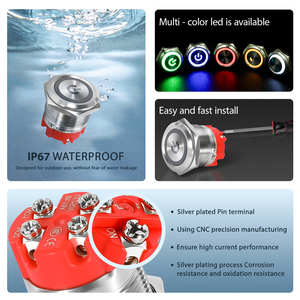 Botón Pulsador IP67/IP65 2NO con Símbolo de Encendido para Electrodomésticos, Luz LED Iluminada, Latón Cromado, Acero Inoxidable, Terminal de Tornillo - Product Image 3