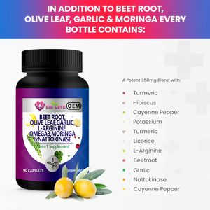 Complexe de racine de betterave tout-en-un en capsules, 90 capsules, feuille d'olivier, ail, L-arginine, oméga 3, moringa, nattokinase, source d'usine, vente en gros, OEM - Product Image 2