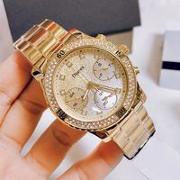 Jam Tangan Wanita Grosir Guesst Gold Chronograph Kristal Bezel Dial Berkilau Bahan Stainless Steel Tahan Air Quartz