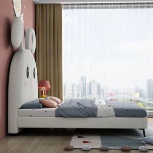 Cama de Madera Maciza Moderna y Minimalista de Tamaño Completo, Estilo Princesa Conejita Rosa, Cómoda y de Lujo Ligero para Dormitorio de Niñas - Product Image 4